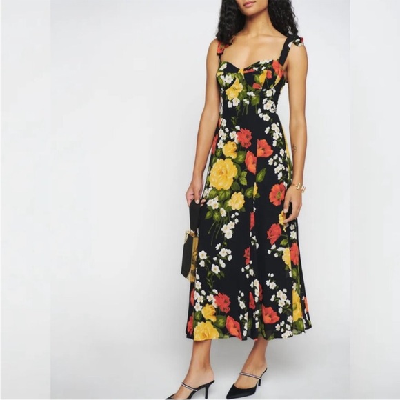 Reformation Nadira Floral Georgette Midi Dress Luisa Black Yellow Tie Straps, 4 - Picture 3 of 16